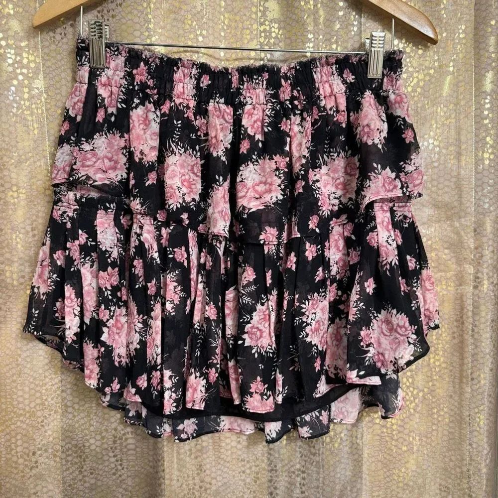 LoveShackFancy Pink Black Floral Garden Tiered Mini Skirt Large 100% Silk